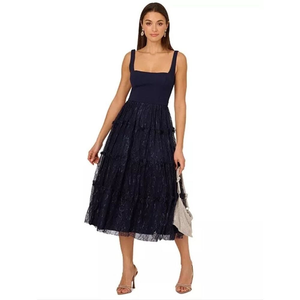 NWT Adrianna Adrianna Papell Blue Lace Crepe Midi Dress Size 6